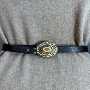 BC BELT Sz XL Black Belt Ornate Beaded Buckle 3” x 4” Tooled Part 47” x 1.25”